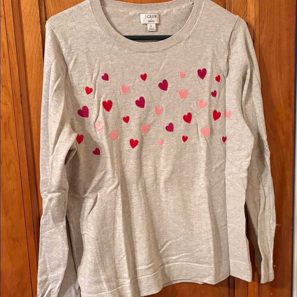 J. Crew Gray Long-Sleeve Teddie Sweater with Pink & Red Heart Embroidery Size L